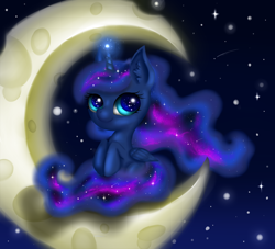 Size: 3178x2886 | Tagged: safe, artist:nuumia, princess luna, alicorn, pony, crescent moon, cute, filly, looking at you, lunabetes, missing accessory, moon, night, sitting, sky, smiling, solo, starry eyes, stars, tangible heavenly object, transparent moon, wingding eyes, woona, younger