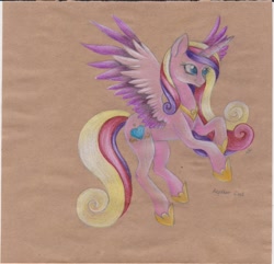 Size: 1024x986 | Tagged: safe, artist:heather-west, princess cadance, alicorn, pony, flying, smiling, solo, traditional art