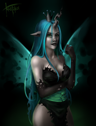 Size: 3053x4000 | Tagged: safe, artist:kurukanya, queen chrysalis, human, cleavage, clothes, evening gloves, female, humanized, solo
