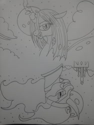 Size: 1024x1365 | Tagged: safe, artist:theroyalprincesses, king sombra, queen chrysalis, changeling, changeling queen, pony, unicorn, monochrome, traditional art