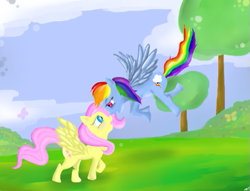 Size: 577x441 | Tagged: safe, artist:madnesstheatre, fluttershy, rainbow dash, pegasus, pony, female, flutterdash, lesbian, shipping