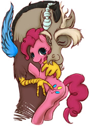 Size: 600x849 | Tagged: safe, artist:ronniesponies, discord, pinkie pie, earth pony, pony, discopie, female, hug, male, shipping, straight