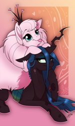 Size: 600x1000 | Tagged: dead source, safe, artist:probablyfakeblonde, queen chrysalis, oc, oc:fluffle puff, changeling, changeling queen, pony, :p, accessory swap, canon x oc, chrysipuff, crown, female, heart, lesbian, lidded eyes, pony hat, prone, shipping, smiling, tongue out