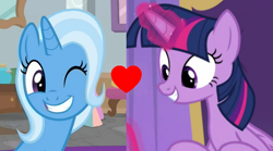 Size: 888x492 | Tagged: safe, derpibooru import, edit, edited screencap, screencap, trixie, twilight sparkle, twilight sparkle (alicorn), alicorn, pony, a horse shoe-in, the ending of the end, female, lesbian, shipping, shipping domino, twixie