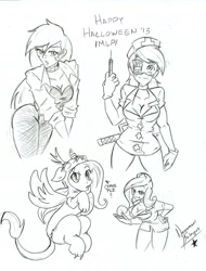 Size: 1280x1680 | Tagged: safe, artist:nayaasebeleguii, applejack, discord, fluttershy, princess cadance, rainbow dash, human, black canary, clothes, costume, humanized, monochrome, skullgirls, valentine (skullgirls)