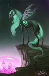 Size: 3300x5100 | Tagged: safe, artist:calonarang, queen chrysalis, changeling, changeling queen, canterlot, female, solo