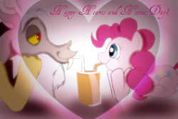 Size: 1024x683 | Tagged: safe, artist:deathsock, discord, pinkie pie, earth pony, pony, chocolate milk, discopie, female, heart, hearts and hooves day, looking at each other, love, male, shipping, straight
