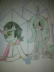 Size: 720x960 | Tagged: safe, artist:acleus097, king sombra, queen chrysalis, changeling, changeling queen, pony, unicorn, chrysombra, female, male, shipping, straight, traditional art