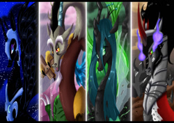 Size: 842x595 | Tagged: safe, artist:blazemizu, discord, king sombra, nightmare moon, queen chrysalis, changeling, changeling queen, pony, unicorn, antagonist, wrong aspect ratio