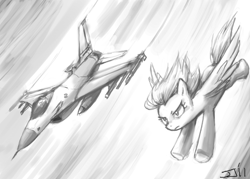 Size: 1200x857 | Tagged: safe, artist:johnjoseco, rainbow dash, pegasus, pony, aircraft, f-16 fighting falcon, grayscale, jet, jet fighter, monochrome, plane, solo