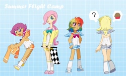 Size: 1060x640 | Tagged: safe, artist:zoe-productions, derpy hooves, fluttershy, rainbow dash, scootaloo, human, checkered flag, clothes, female, flag, flight camp, food, hair over one eye, humanized, kneesocks, muffin, necc, school uniform, schoolgirl, shorts, socks, uniform, winged humanization, younger