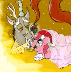 Size: 897x909 | Tagged: dead source, safe, artist:deathsock, discord, pinkie pie, earth pony, pony, christmas, clothes, discopie, female, hat, hearth's warming eve, holly, holly mistaken for mistletoe, interspecies, love, male, santa hat, shipping, socks, straight