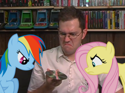 Size: 1006x751 | Tagged: safe, fluttershy, rainbow dash, human, pony, angry, angry video game nerd, cd, glasses, irl, photo, ponies in real life