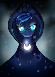 Size: 740x1026 | Tagged: safe, artist:not-ordinary-pony, princess luna, alicorn, pony, a hearth's warming tail, cloak, clothes, frown, looking at you, snow, snowfall, solo, spirit of hearth's warming yet to come