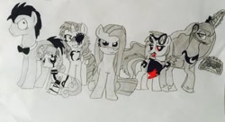 Size: 400x218 | Tagged: safe, artist:talkedpuma6023, dj pon-3, doctor whooves, pinkie pie, princess luna, rarity, sweetie belle, sweetie bot, vinyl scratch, alicorn, pony, robot, undead, unicorn, vampire, vampony, lil-miss rarity, black and white, discord whooves, gamer luna, grayscale, group, headset, male, monochrome, pinkamena diane pie, stallion