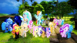 Size: 3800x2137 | Tagged: safe, artist:axel-doi, derpibooru import, aloe, applejack, dj pon-3, fluttershy, lotus blossom, pinkie pie, princess cadance, princess celestia, princess luna, rainbow dash, rarity, starlight glimmer, sunset shimmer, trixie, twilight sparkle, twilight sparkle (alicorn), vinyl scratch, zecora, oc, alicorn, earth pony, pegasus, pony, unicorn, 3d, choker, clothes, daz studio, high res, jacket, leather jacket, looking at you, mane six, royal sisters, s1 luna, tara strong