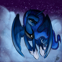 Size: 3000x3000 | Tagged: safe, artist:xxmarkingxx, princess luna, alicorn, pony, cloud, flying, night, solo, stars