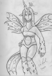 Size: 878x1280 | Tagged: safe, artist:kazen101, queen chrysalis, anthro, changeling, changeling queen, monochrome, solo, traditional art