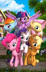 Size: 2160x3336 | Tagged: safe, artist:muhjob, derpibooru import, applejack, bon bon, fluttershy, lyra heartstrings, pinkie pie, rainbow dash, rarity, starlight glimmer, sweetie drops, trixie, twilight sparkle, twilight sparkle (alicorn), alicorn, earth pony, pegasus, pony, unicorn, 3d, applejack's hat, bench, clothes, colored eyebrows, cowboy hat, end of ponies, eyeshadow, female, flying, group, happy birthday mlp:fim, hat, horn, makeup, mane six, mare, mlp fim's ninth anniversary, park bench, ponyville, rearing, revamped ponies, smiling, source filmmaker, tongue out, wings