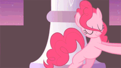 Size: 500x281 | Tagged: safe, screencap, pinkie pie, earth pony, pony, sweet and elite, animated, bipedal, bipedal leaning, leaning, partillery, party cannon, solo, sunburst background