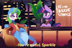 Size: 4037x2721 | Tagged: safe, artist:nevobaster, derpibooru import, trixie, twilight sparkle, pony, unicorn, arthur fleck, chair, city, clothes, crossover, eyeshadow, face paint, female, flower, frown, glare, glasses, joker (2019), lidded eyes, makeup, mare, movie, murray franklin, necktie, ponified, reference, sitting, suit, table, the joker, this will end in death, this will end in tears, this will end in tears and/or death, wide eyes