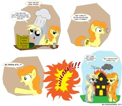 Size: 1108x965 | Tagged: safe, artist:gonzahermeg, carrot top, derpy hooves, golden harvest, rainbow dash, pegasus, pony, chef's hat, comic, female, fire, for dummies, hat, mare