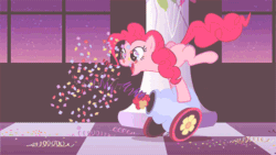 Size: 500x281 | Tagged: safe, screencap, pinkie pie, earth pony, pony, sweet and elite, animated, balloon, confetti, decoration, partillery, party cannon, solo