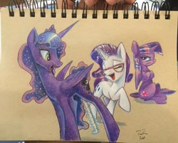 Size: 1080x867 | Tagged: safe, artist:tsitra360, princess luna, rarity, twilight sparkle, twilight sparkle (alicorn), alicorn, pony, unicorn, commission, cute, female, glasses, grumpy, grumpy twilight, jealous, lesbian, lunabetes, magic, mare, measuring tape, open mouth, raribetes, shipping, traditional art, twiabetes, twilight is not amused, twiluna, unamused