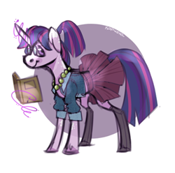 Size: 640x634 | Tagged: safe, artist:kapusha-blr, twilight sparkle, pony, unicorn, alternate hairstyle, clothes, glasses, pleated skirt, ponytail, shirt, skirt, skirt lift, solo, stockings, thigh highs