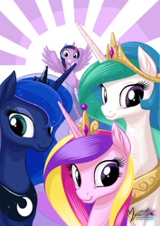 Size: 955x1351 | Tagged: safe, artist:mysticalpha, princess cadance, princess celestia, princess luna, twilight sparkle, twilight sparkle (alicorn), alicorn, pony, alicorn tetrarchy, female, grin, looking at you, mare, photobomb, smiling, spread wings, underhoof