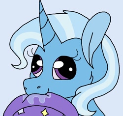 Size: 666x630 | Tagged: safe, artist:pyrixii, derpibooru import, trixie, pony, unicorn, clothes, derp, drool, eqdbot, female, hat, mare, mouth hold, nom, silly, silly pony, solo, trixie's hat