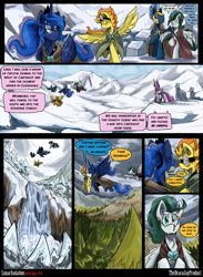 Size: 3000x4091 | Tagged: safe, artist:dracojayproduct, princess cadance, princess luna, spitfire, oc, oc:pierson, oc:willow, alicorn, pony, comic:lunar isolation, absurd resolution, cloak, clothes, comic, flying, goggles, guard, snow, waterfall