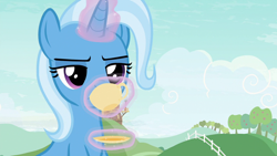 Size: 1280x720 | Tagged: safe, derpibooru import, screencap, trixie, pony, unicorn, student counsel, cup, solo, teacup