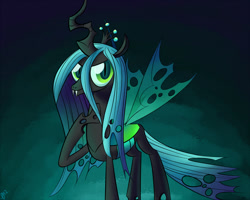 Size: 1000x800 | Tagged: safe, artist:paradigmpizza, queen chrysalis, changeling, changeling queen, fangs, female, gradient background, raised hoof, smug, solo