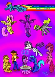 Size: 756x1057 | Tagged: safe, artist:bakanato, derpibooru import, applejack, derpy hooves, fluttershy, pinkie pie, rainbow dash, rarity, starlight glimmer, trixie, twilight sparkle, twilight sparkle (alicorn), alicorn, earth pony, pegasus, pony, unicorn, crash bandicoot, food, mane six, pie, sitting