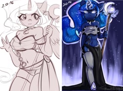 Size: 1280x954 | Tagged: safe, artist:yukomaussi, princess luna, alicorn, anthro, unguligrade anthro, belly button, bra, choker, clothes, crop top bra, draw this again, dress, glowing eyes, panties, shoes, staff, stockings, thigh highs, underwear