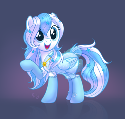 Size: 2892x2748 | Tagged: safe, artist:nightskrill, oc, oc only, oc:starline, earth pony, pegasus, pony, clothes, dress, female, frilly, hair ornament, happy, raised hoof, see-through, solo, stockings, thigh highs, translucent, transparent