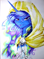 Size: 1200x1600 | Tagged: safe, artist:aerostoner, princess luna, alicorn, pony, cloak, clothes, frown, heart eyes, solo, traditional art, wingding eyes