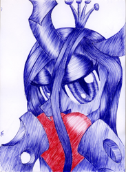 Size: 2093x2856 | Tagged: safe, artist:varijani, queen chrysalis, changeling, changeling queen, heart, looking at you, portrait, solo, traditional art