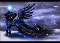 Size: 3710x2645 | Tagged: safe, artist:stormblaze-pegasus, princess luna, alicorn, pony, a hearth's warming tail, blizzard, cloak, clothes, glowing horn, raised hoof, snow, snowfall, solo, spirit of hearth's warming yet to come