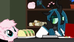 Size: 1280x720 | Tagged: safe, artist:mixermike622, queen chrysalis, oc, oc:fluffle puff, changeling, changeling queen, clothes, desk, fluffle horse m.d., house m.d., taco