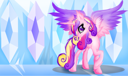 Size: 3979x2362 | Tagged: safe, artist:dianlie, princess cadance, alicorn, pony, chest fluff, ear fluff, fluffy, looking at you, messy mane, missing accessory, raised hoof, smiling, solo, spread wings