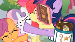 Size: 1920x1080 | Tagged: safe, screencap, apple bloom, scootaloo, sweetie belle, twilight sparkle, unicorn twilight, earth pony, pegasus, pony, unicorn, hearts and hooves day (episode), bag, book, bookhorse, crash, cutie mark crusaders, female, filly, magic, magic aura, mare, saddle bag, scroll