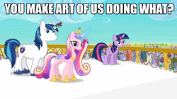 Size: 1280x720 | Tagged: safe, screencap, princess cadance, shining armor, twilight sparkle, alicorn, pony, unicorn, the crystal empire, horn crystals, image macro, meme