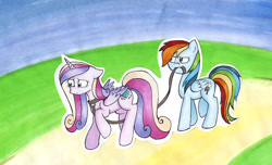 Size: 1000x607 | Tagged: safe, artist:disasterthehedgehog, princess cadance, rainbow dash, alicorn, pegasus, pony, cadash, collar, embarrassed, female, grass, happy, leash, lesbian, pet play, shipping, smiling