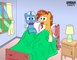 Size: 1912x1517 | Tagged: safe, artist:gradiusfanatic, derpibooru import, sunburst, trixie, pony, unicorn, bed, female, implied sex, male, mare, pillow, shipping, shocked, stallion, straight, trixburst