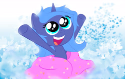 Size: 6320x4032 | Tagged: safe, artist:solid32, princess luna, alicorn, pony, :d, absurd resolution, blanket, filly, solo, woona