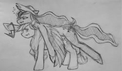 Size: 1024x603 | Tagged: safe, artist:alexdemitri, applejack, princess luna, alicorn, earth pony, pony, accessory swap, drunk, drunk luna, grayscale, monochrome, pointing, ponies riding ponies, spread wings, traditional art, watermark