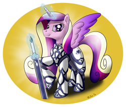 Size: 2950x2526 | Tagged: safe, artist:mcnum, princess cadance, alicorn, pony, armor, magic, smiling, smirk, solo, spread wings, sword