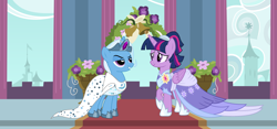 Size: 7480x3496 | Tagged: safe, artist:themexicanpunisher, derpibooru import, edit, trixie, twilight sparkle, twilight sparkle (alicorn), alicorn, pony, the last problem, clothes, dress, female, lesbian, marriage, shipping, twixie, wedding, wedding dress